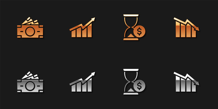 Set Stacks paper money cash, Financial growth increase, Hourglass with dollar and decrease icon. Vector