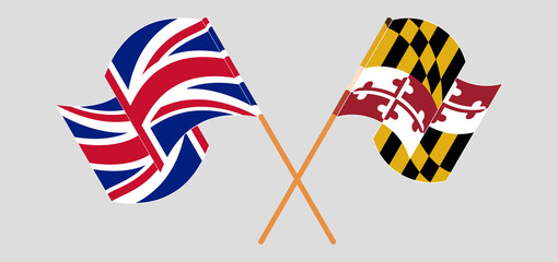 Crossed and waving flags of the UK and the State of Maryland