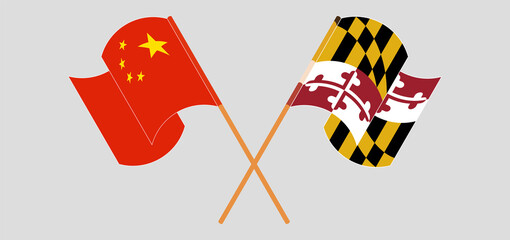 Crossed and waving flags of China and the State of Maryland