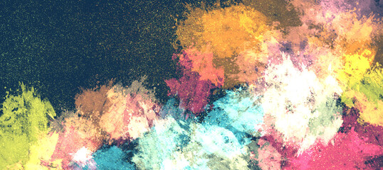 abstract bright multicolor dark rich chaotic grainy art background with paint stains, brush strokes and noise