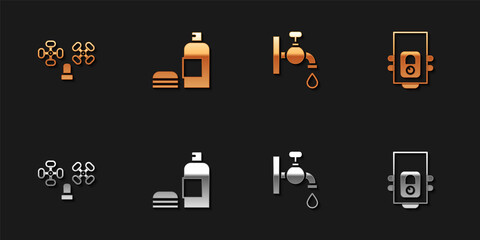 Set Water tap, Bottle of shampoo, and Gas boiler icon. Vector