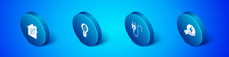 Set Isometric Eco friendly house, Electric plug, Lightning bolt and bulb with leaf icon. Vector