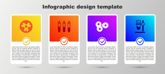 Set Biohazard symbol, Reagent bottle, Cell division and Test tube flask stand. Business infographic template. Vector