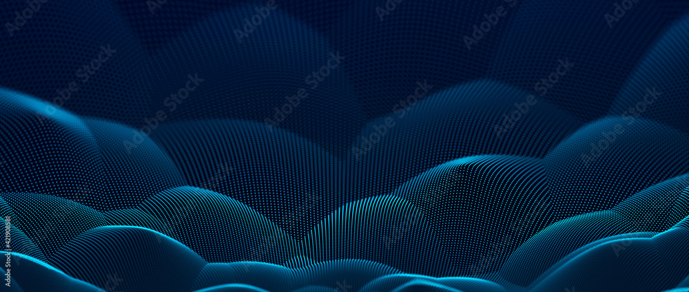 Fototapete The structure of connecting to the network of moving points. Information flow of particles. Digital background. 3D rendering.