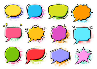 Cartoon pop art bubbles on color halftone background. Retro sketch speech bubble icon set. Vector design fun comic page dialog text message balloon template shapes. Boom, burst, wow effect empty frame