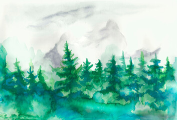 Misty spruce forest hand-drawn with watercolor markers. Interior design, Wallpaper, screen saver, book illustration, watercolor, painting, saver, cover, background.