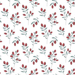 Red Rosehips with flowers and berries seamless pattern for tea. Black and white Graphic drawing, engraving style. hand drawn illustration on white background