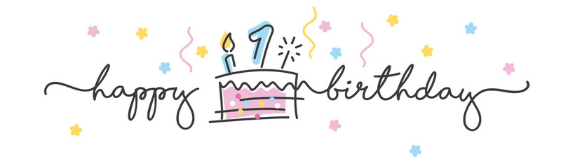 1st Birthday handwritten typography lettering Greeting card with colorful big cake, sparkle firework, number, candle and confetti