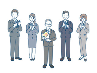 定年退職　年配の男性　拍手　祝う　会社員　スーツ姿　男女　全身　イラスト素材