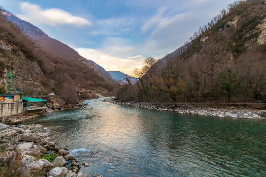 Landscape of Bzipi mountain river in Caucasus, Abkhazia.