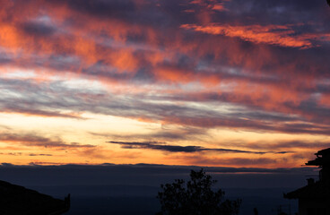 Futuric sky at sunset, in red, blue, pink and turquoise colors 