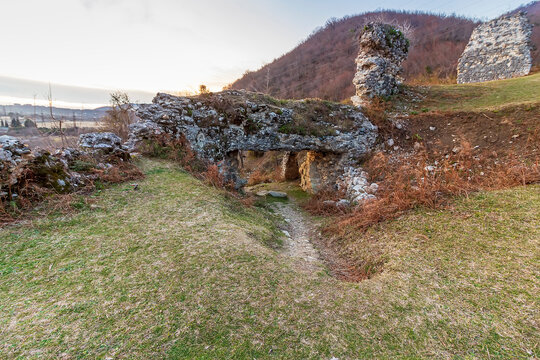 Abkhazia, Gagra district, urban-type settlement Bzyb village Akvara.  9th-10th-century church in ruins and medieval fortress of clan of Inal-Ipa. Destroyed Orthodox Church. Evening mountains landscape