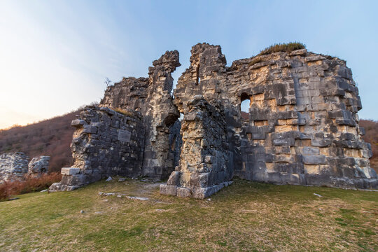 Abkhazia, Gagra district, urban-type settlement Bzyb village Akvara.  9th-10th-century church in ruins and medieval fortress of clan of Inal-Ipa. Destroyed Orthodox Church. Evening mountains landscape