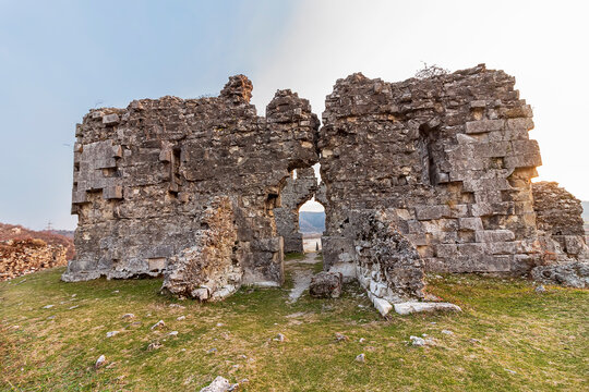 Abkhazia, Gagra district, urban-type settlement Bzyb village Akvara.  9th-10th-century church in ruins and medieval fortress of clan of Inal-Ipa. Destroyed Orthodox Church. Evening mountains landscape