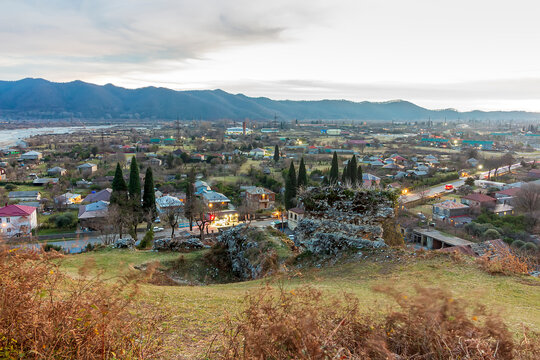 Abkhazia, Gagra district, urban-type settlement Bzyb village Akvara.  9th-10th-century church in ruins and medieval fortress of clan of Inal-Ipa. Destroyed Orthodox Church. Evening mountains landscape