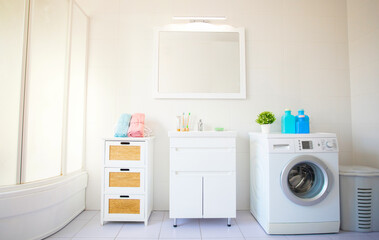 Wonderful design idea for domestic stylish bathroom interior with washing machine in light tones
