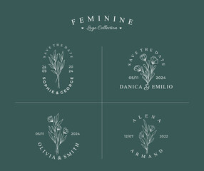 Beautiful hand-drawn feminine logo with a badge collection set