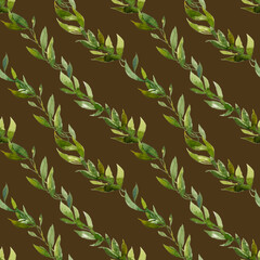 Hand painted watercolor seamless pattern. Green branches and leaves on chocolate brown surface. Design for clothes, tablecloth, interior textile, wedding print, postcard, invitation, wrapping paper 