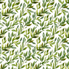 Watercolor seamless pattern with green leaves isolated on white background. Hand painted illustration for textile and paper prints, wedding concept in rustic and boho style, interior design, eco brand