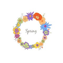 Wreath with vibrant flowers. Beautiful wedding invitation with colorful wreath on light background for decorative design