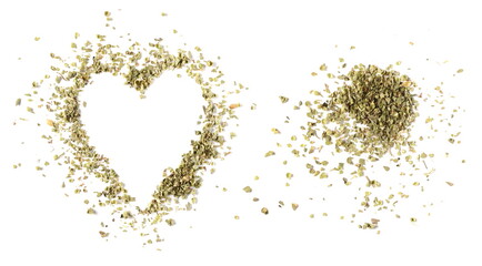 Oregano spice pile in shape heart isolated on white background, top view
