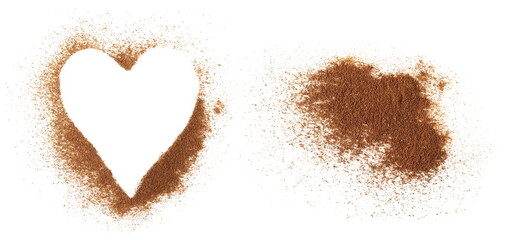 Pile cinnamon powder in shape heart isolated on white background and texture, with top view