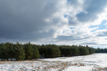 A snowy field with a frozen reservoir. The edge of a pine forest. Large snow clouds. Nature background