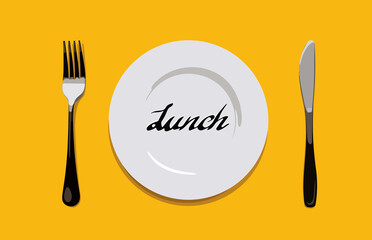 A white plate on which the word Lunch is written standing on a yellow tablecloth . The concept of a balanced diet, ration and medical fasting. Top view, white background, copy space.