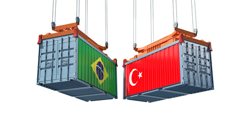 Freight containers with Brazil and Turkey flag. 3D Rendering 