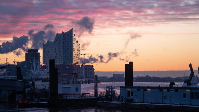 Elbphilharmonie in Hamburg Harbor at Sunset Timelapse