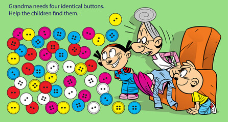 Obraz na płótnie Canvas The vector illustration shows a puzzle in which the children have to help the grandmother to find four identical buttons