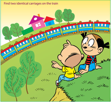 Vector Illustration With A Puzzle Where You Need To Help Children Find Two Identical Locomotive Trailers