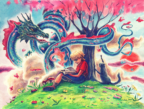 Watercolor painting art with fantasy Japanese dragon, reading boy and magic tree over clouds. Hand drawn comics illustration with fairy tale flying snake and dreaming child.