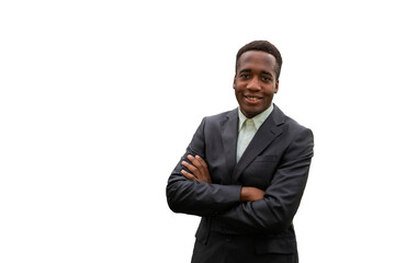 Portrait of a smiling and satisfied African American businessman isolated on white background. Black man headshot 
