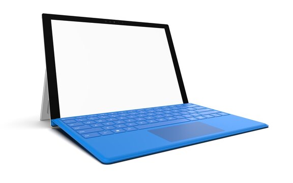 Laptop similar to microsoft surface pro computer with white screen isolated perspective view