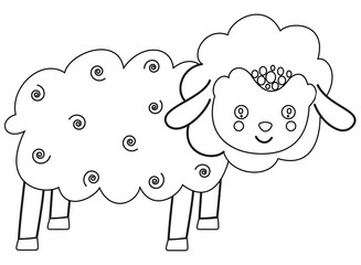 Cute black and white cartoon toddler doodle of standing lamb. Scandinavian style. Vector.