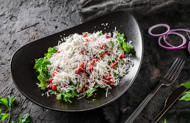 Gourmet appetizing vegetable salad with cheese, salad leaves and parsley. Shopsky Salad in a bowl over a dark background, close up view. Concept of healthy eating