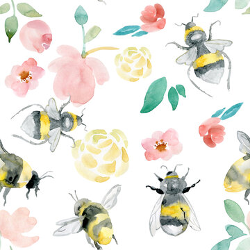 Summer Meadow Flowers, Wild Grasses, Butterflies, Honey Bee. Seamless Floral Pattern. Watercolor