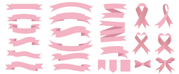 Spring pink ribbon collection. Pink ribbon illustrations for web, banner and even design. Vector illustration.  ピンクリボンイラスト、リボンイラストセット
