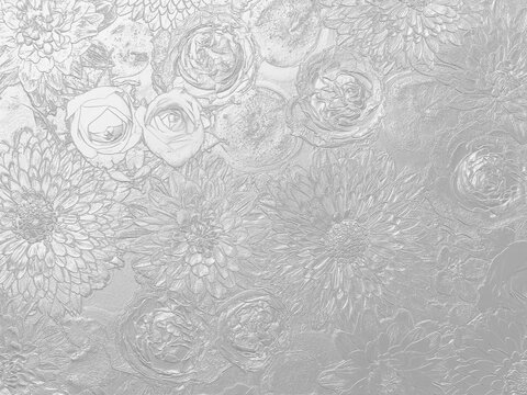 Silver background of 3d processed asters, roses and apples