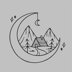 Icon of the wooden house and also the mountain behind the moon