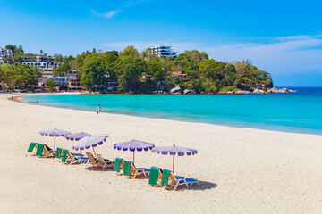 Beach Bed and Umbrella on the White Sand Beach in Summer at Kata Beach during Covid-19, Phuket, Thailand