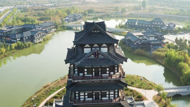 Aerial photograph of Kuixing building in the hometown of Xiang Wang in Suqian, Jiangsu Province, China on a sunny autumn afternoon