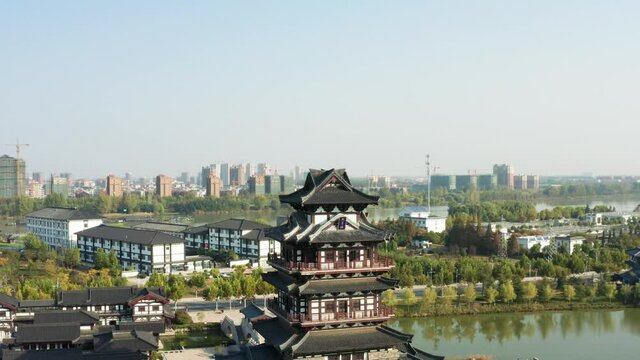 Aerial photograph of Kuixing building in the hometown of Xiang Wang in Suqian, Jiangsu Province, China on a sunny autumn afternoon