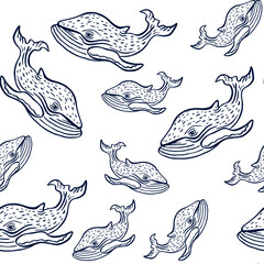 Seamless sea pattern with cute funny whales. Hand drawn ink brush mammal animal character. Engraving style sketch vector illustration.  Summer marina background. Childish texture for fabric, textile