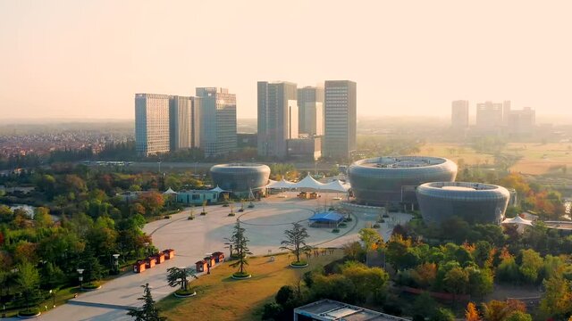 Aerial view of Luoma Lake Park in Suqian, Jiangsu Province on a fine autumn morning