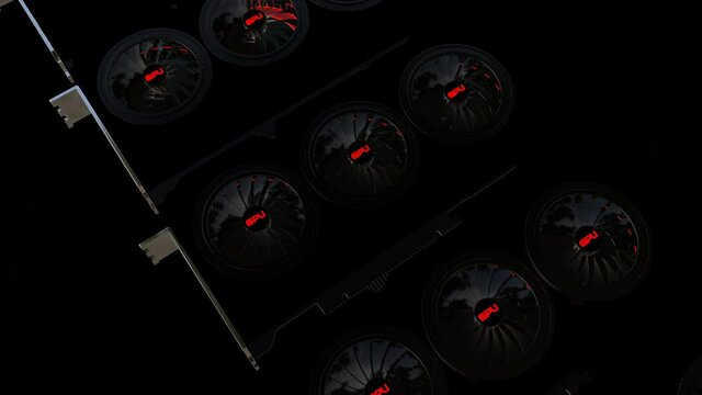 rows of three-dimensional models of modern video cards with rotating coolers. concept of mining farm on GPU. 3d render