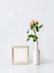 
pink roses in modern white vase and frame for pictures, text, incitation, congratulation to add

