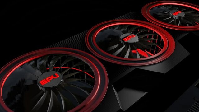 3D model of a modern video card with rotating coolers close-up. 3d render