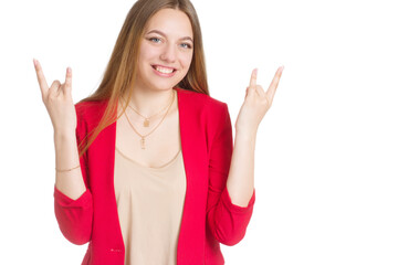 a young woman in a red business suit, beige blouse, with long hair. Isolate on a white background.